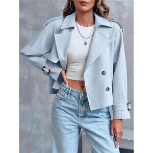 Women Crop Double Breasted Trench Coat Light Blue